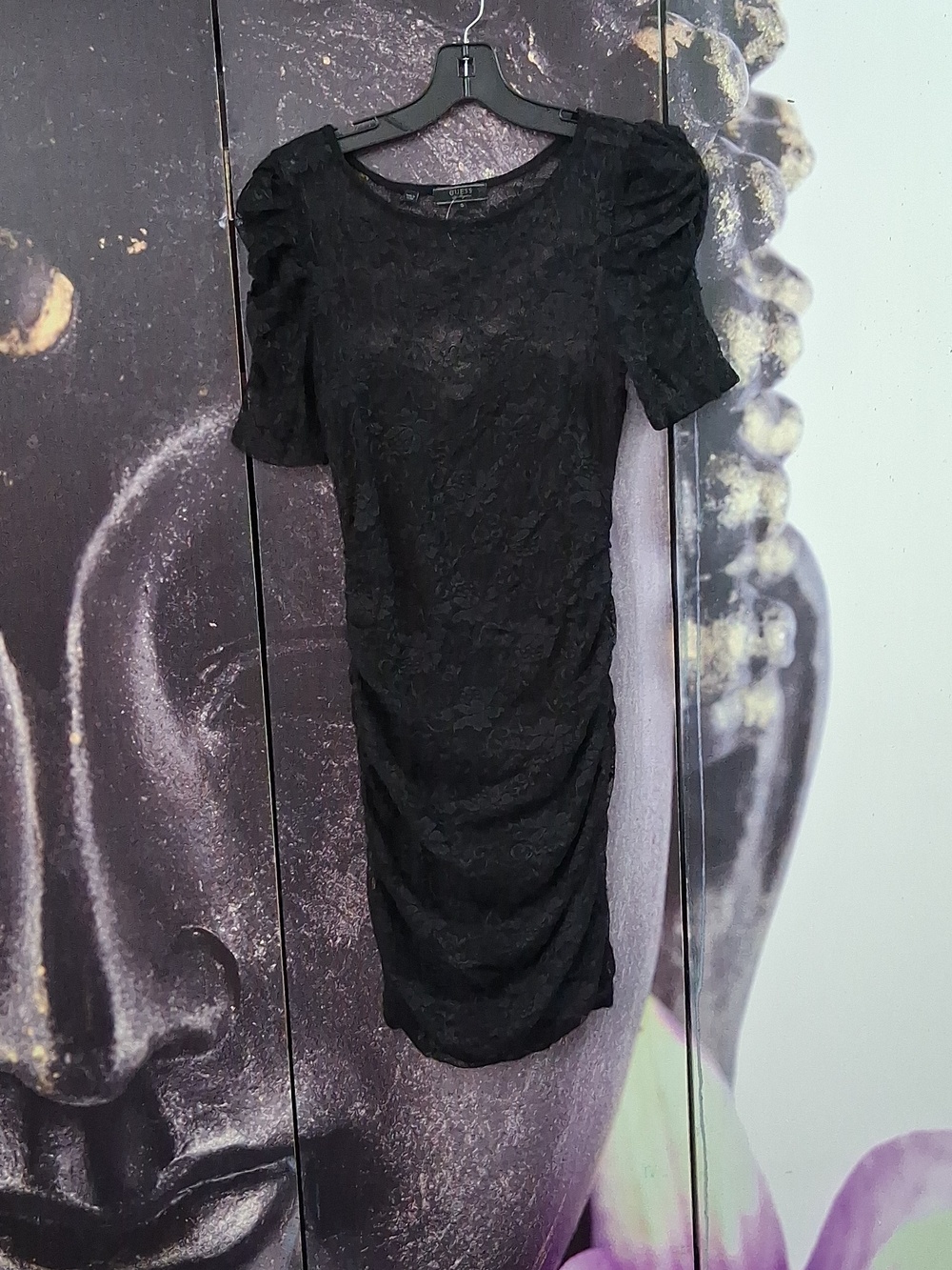Guess Black Floral Runched Lace Dress Size Small.